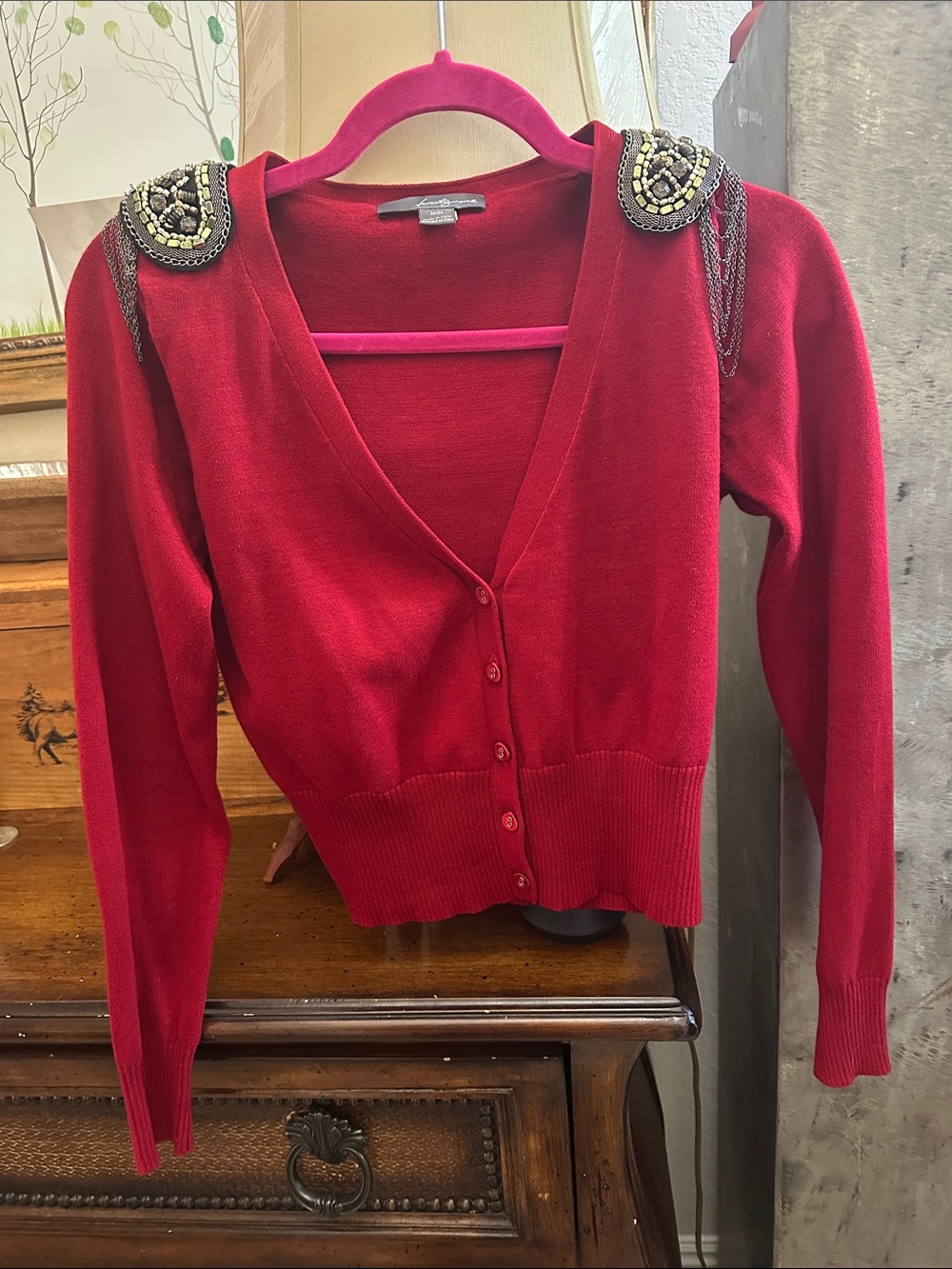 Forever 21 Red Beaded Shoulder Embellished V-Neck Cardigan